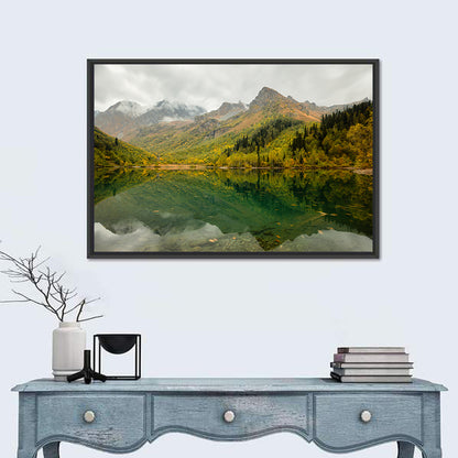 Kardyvach Lake Reflection Under Clouded Peaks Wall Art