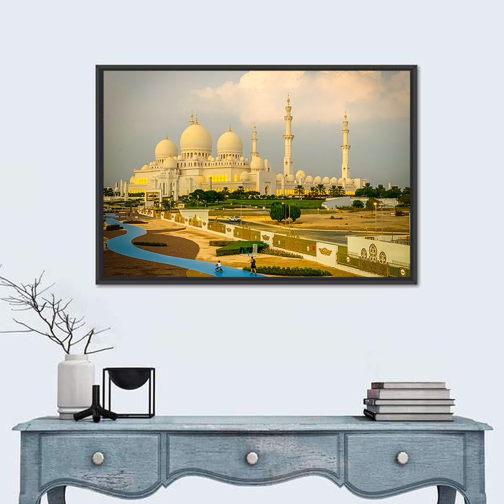 Sheikh Zayed Grand Mosque at Golden Dusk Wall Art in a room, landscape
