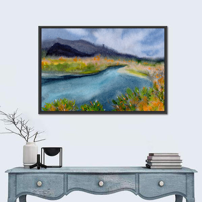 Misty Autumn River and Mountain Landscape Wall Art