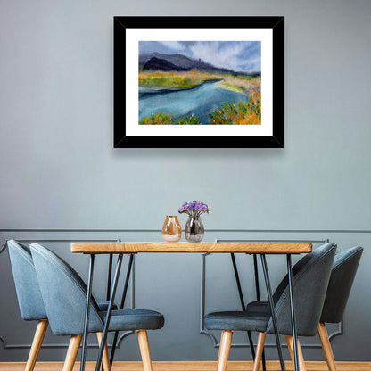 Misty Autumn River and Mountain Landscape Wall Art
