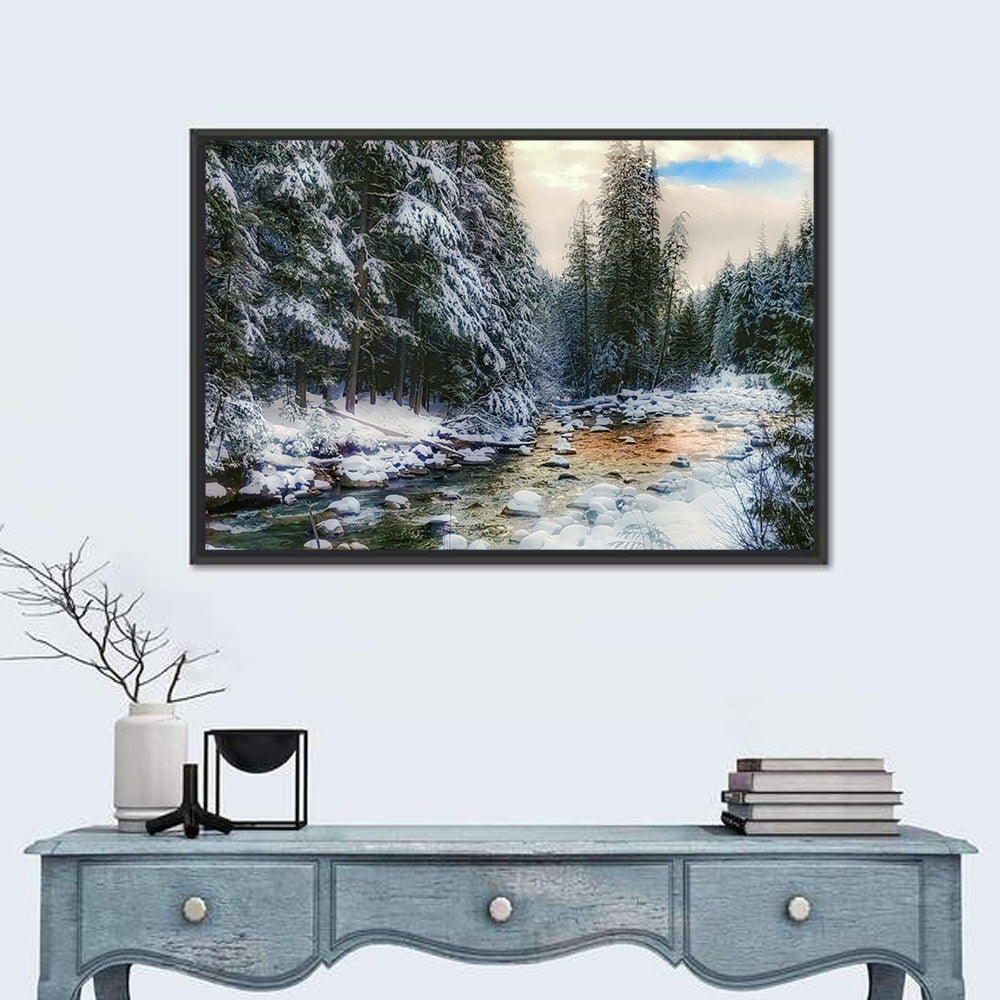 Winter Creek in Snowy Pines Wall Art in a room, landscape