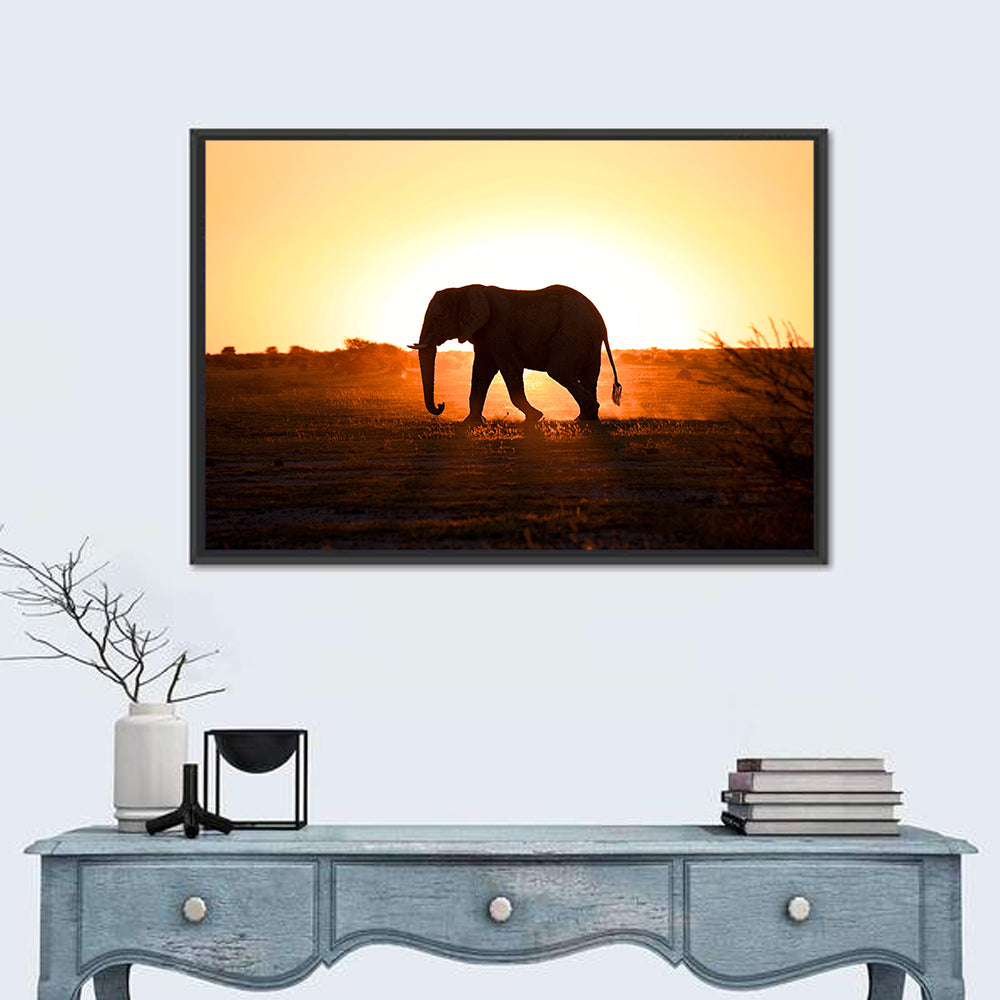 Golden Hour Elephant Silhouette Wall Art in a room, landscape