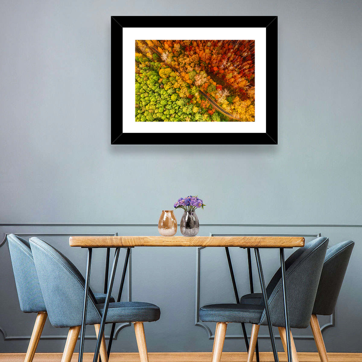 Winding Road Through Autumn Forest Wall Art in a room, landscape