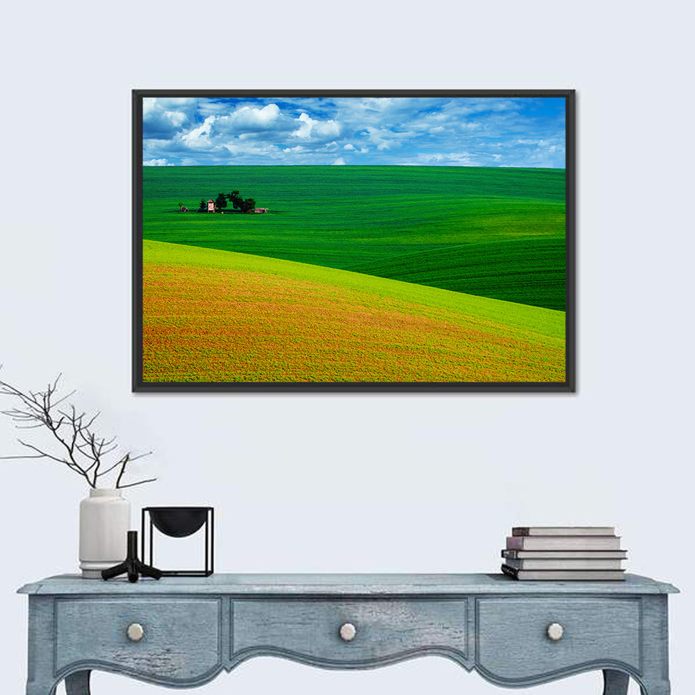 Golden Field and Green Hillside Wall Art in a room, landscape