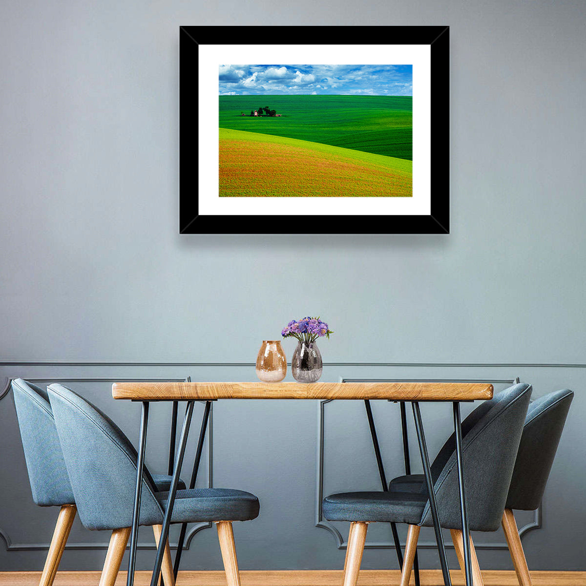 Golden Field and Green Hillside Wall Art in a room, landscape
