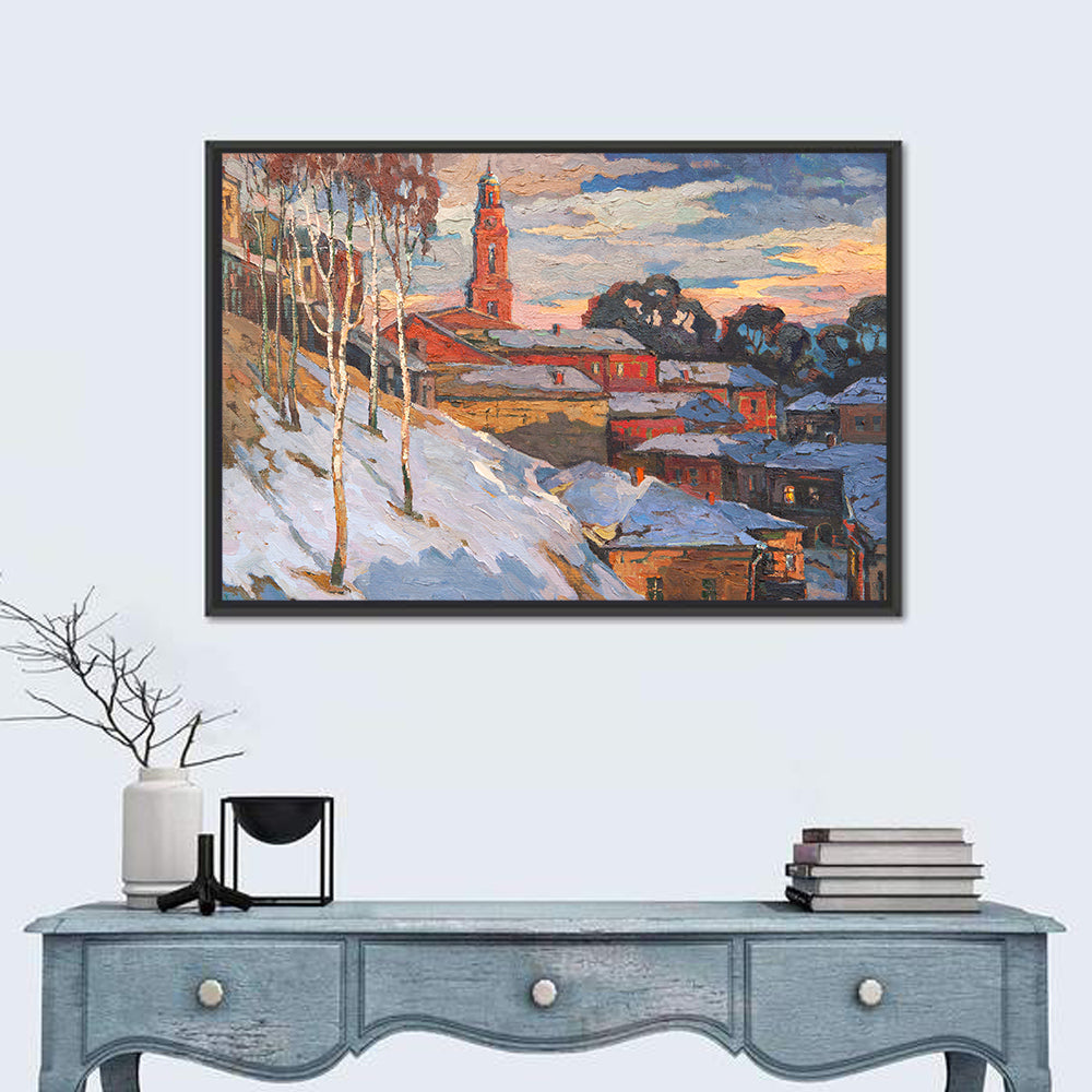 Snowy Village with Church Tower Wall Art in a room, landscape