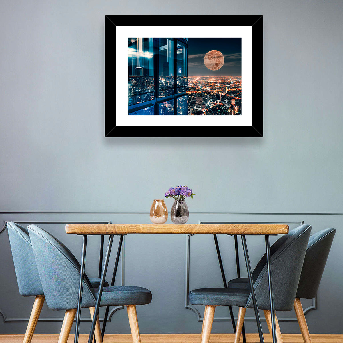Bangkok Moonlit Skyline Wall Art in a room, landscape
