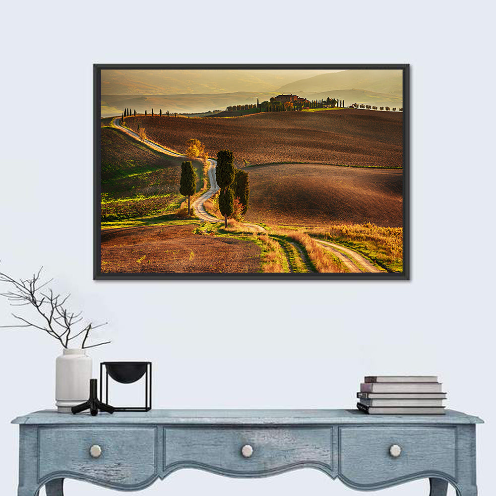 Val D’orcia Winding Golden Road Wall Art in a room, landscape