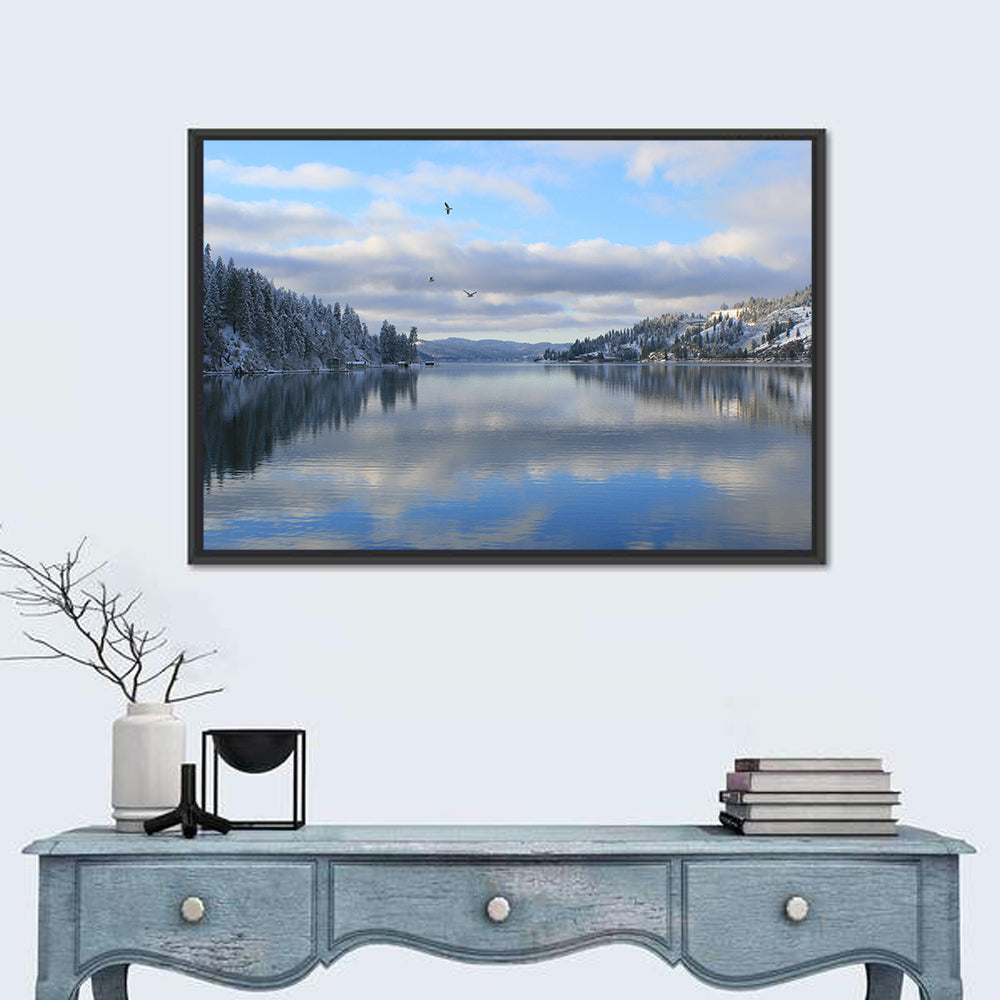 Coeur D Alene Winter Lake Reflection Wall Art in a room, landscape