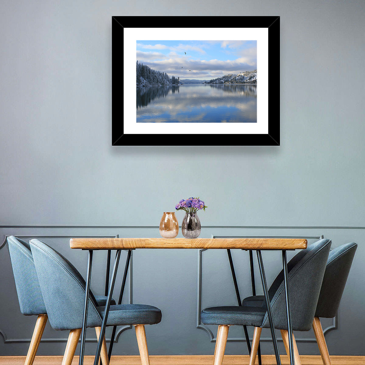 Coeur D Alene Winter Lake Reflection Wall Art in a room, landscape