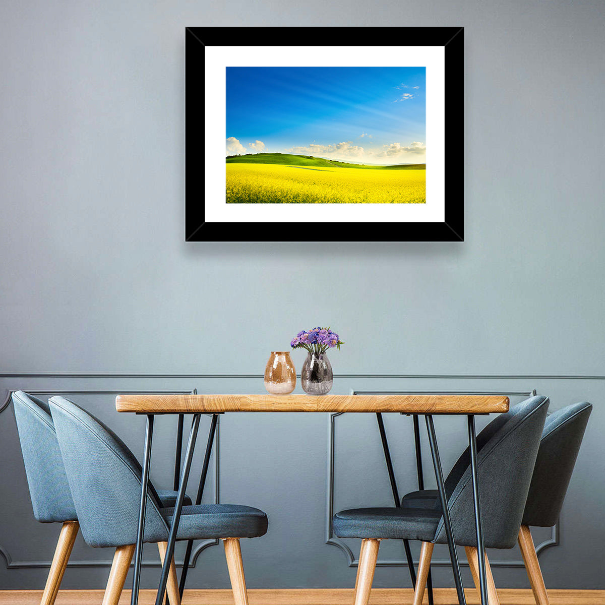 Rapeseed Field and Rolling Hills Under Blue Sky Wall Art
