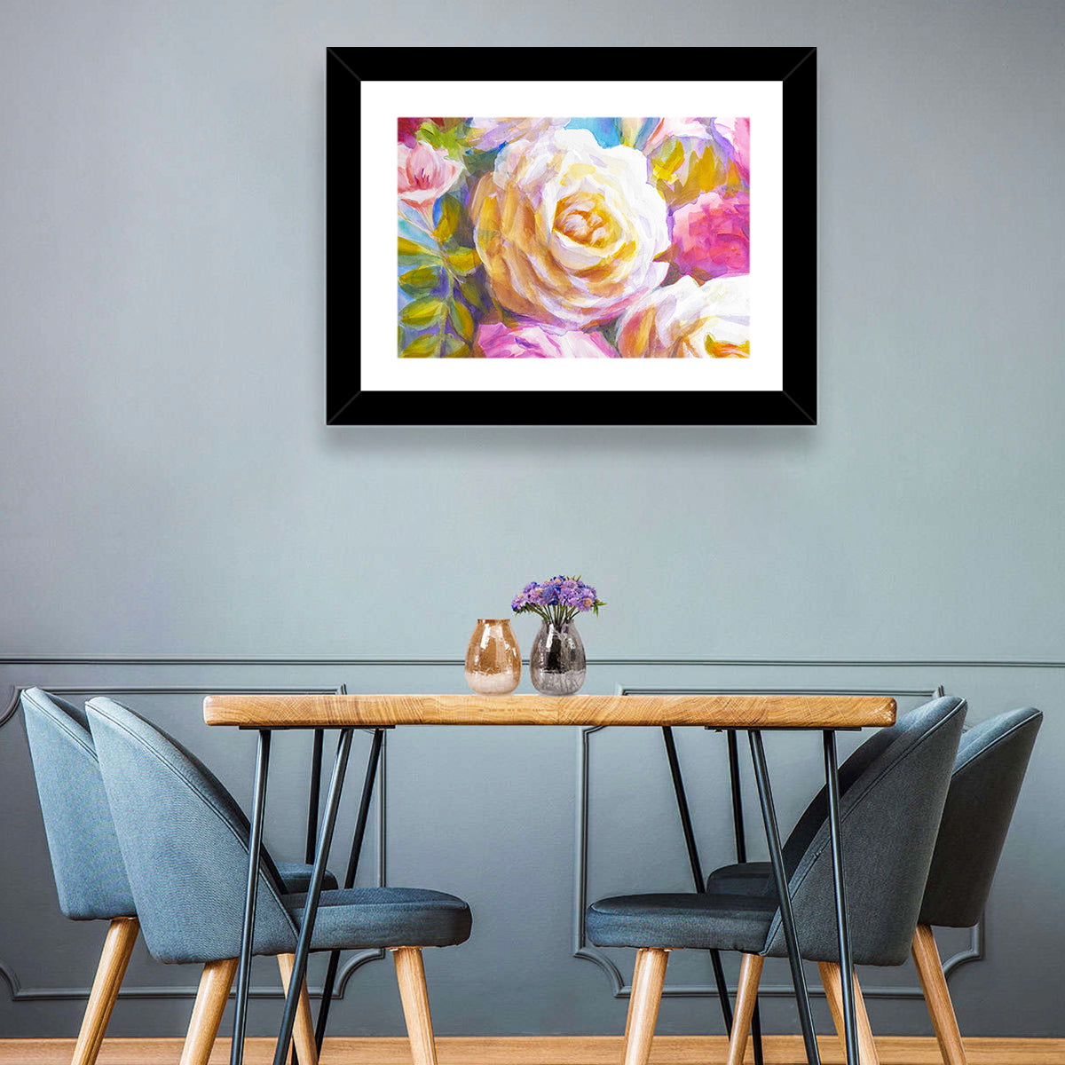 White and Gold Rose Bouquet Wall Art in a room, landscape
