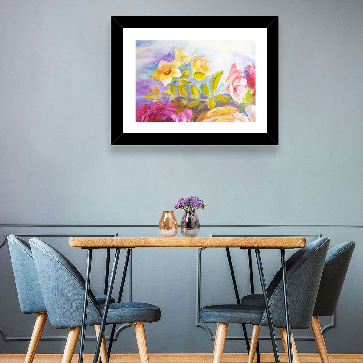 Pink and Yellow Watercolor Blossoms Wall Art in a room, landscape