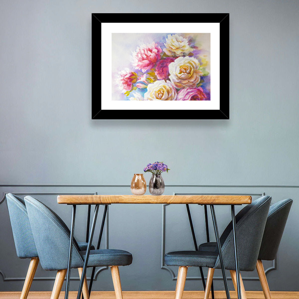 Watercolor Peony Bouquet Wall Art in a room, landscape