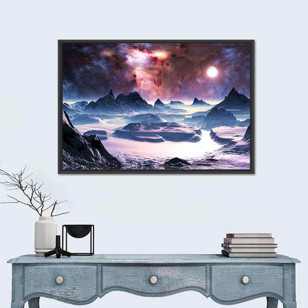 Alien Planet Winter Aurora Wall Art in a room, landscape
