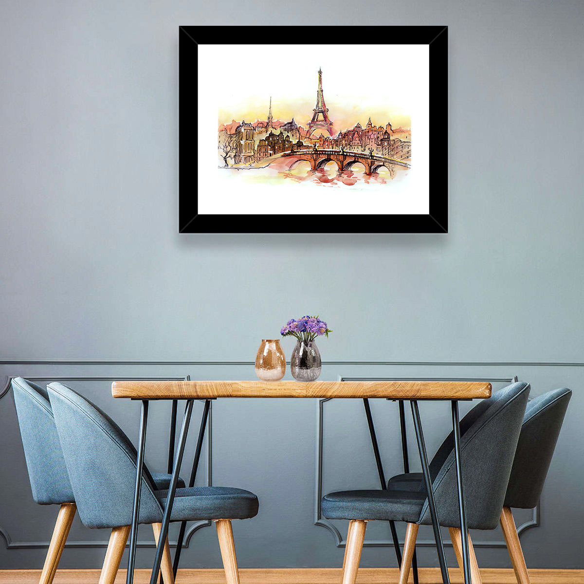 Eiffel Tower Watercolor at Dusk Wall Art in a room, landscape