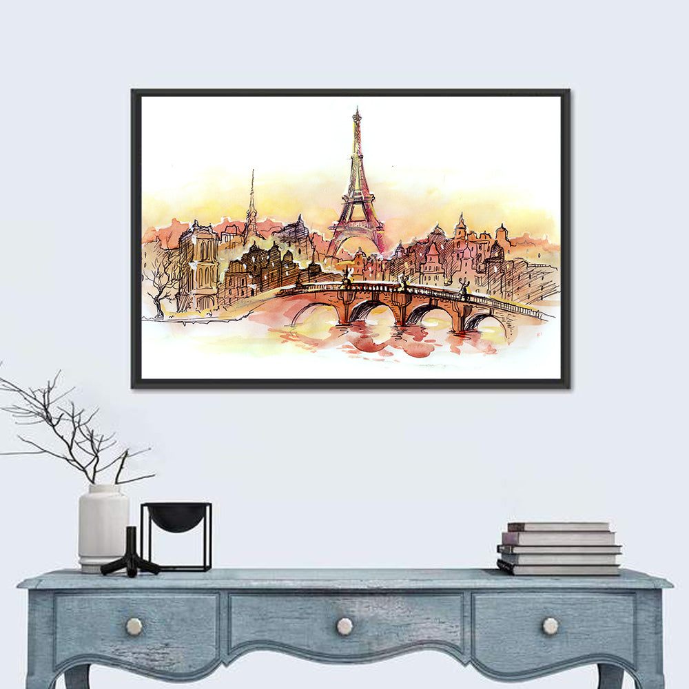 Eiffel Tower Watercolor at Dusk Wall Art