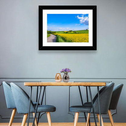 Rapeseed Field Road Under Blue Sky Wall Art
