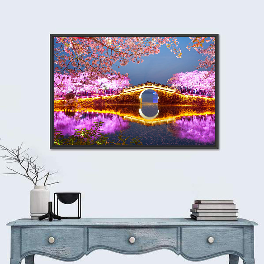 Illuminated Cherry Blossom Bridge Wall Art in a room, landscape