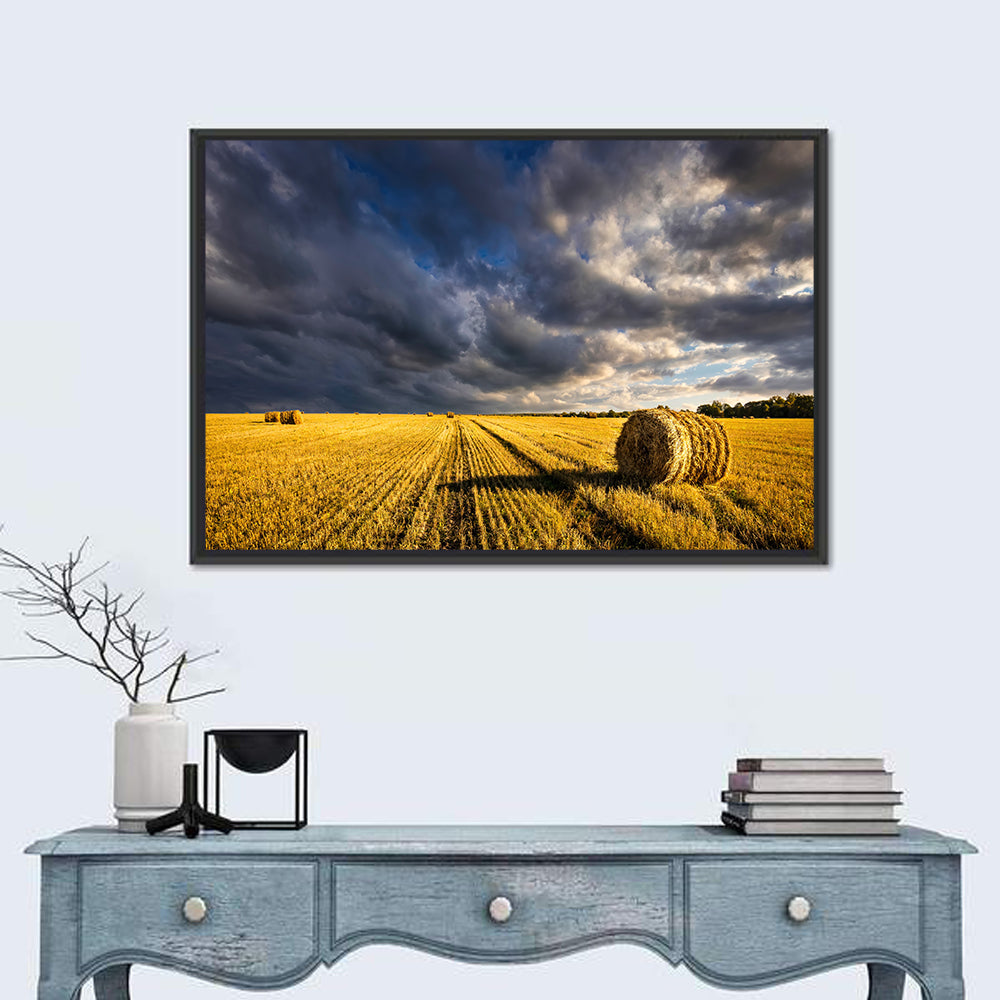 Hay Bale at Golden Hour Wall Art in a room, landscape