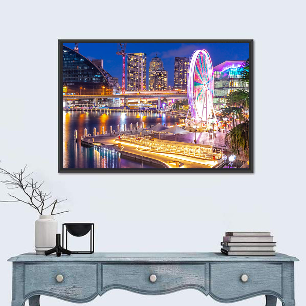 Darling Harbour Nightscape Wall Art in a room, landscape