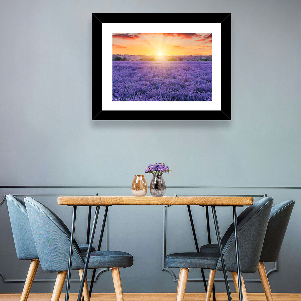 Lavender Field Sunburst Wall Art in a room, landscape