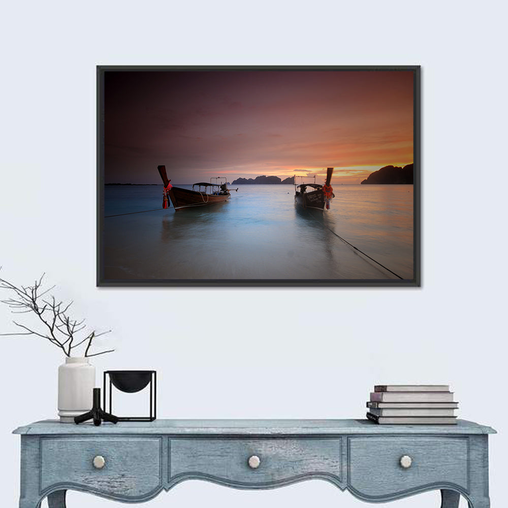 Phi Phi Longtail Boats at Golden Hour Wall Art in a room, landscape