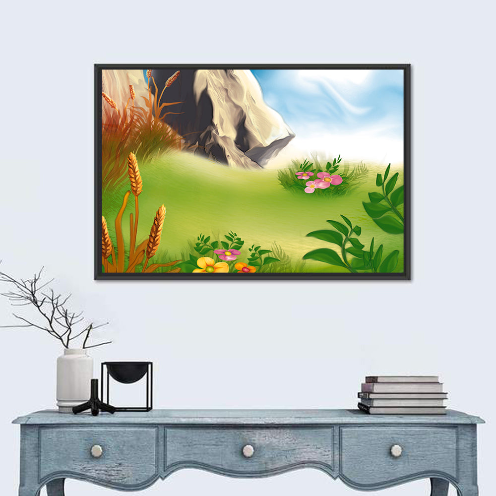 Sunny Mountain Meadow Illustration Wall Art in a room, landscape