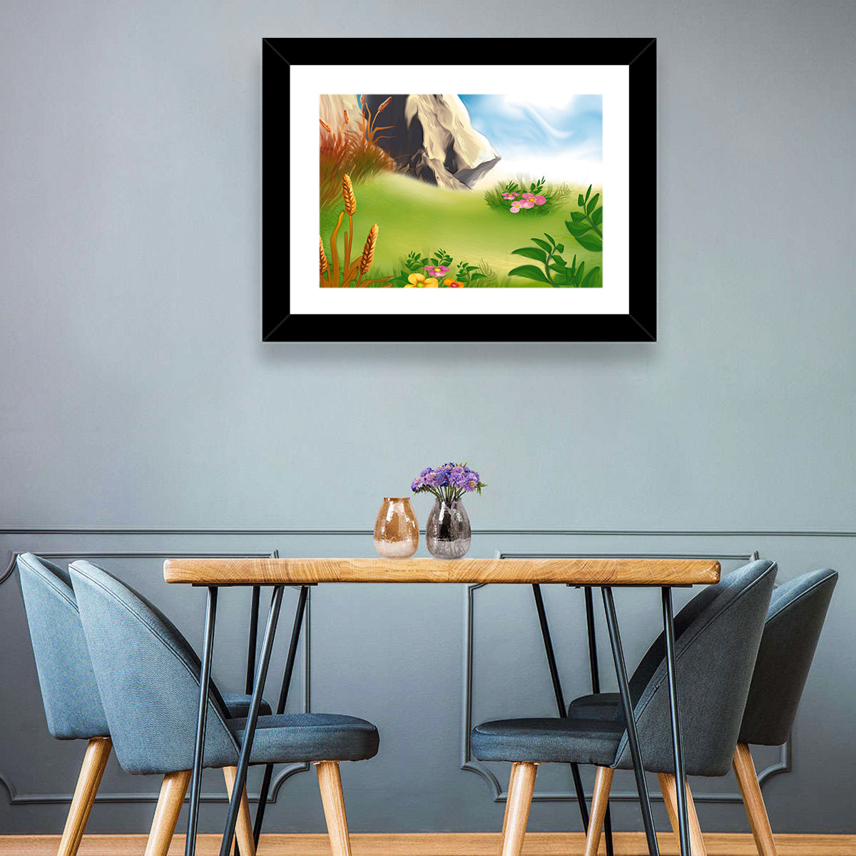 Sunny Mountain Meadow Illustration Wall Art