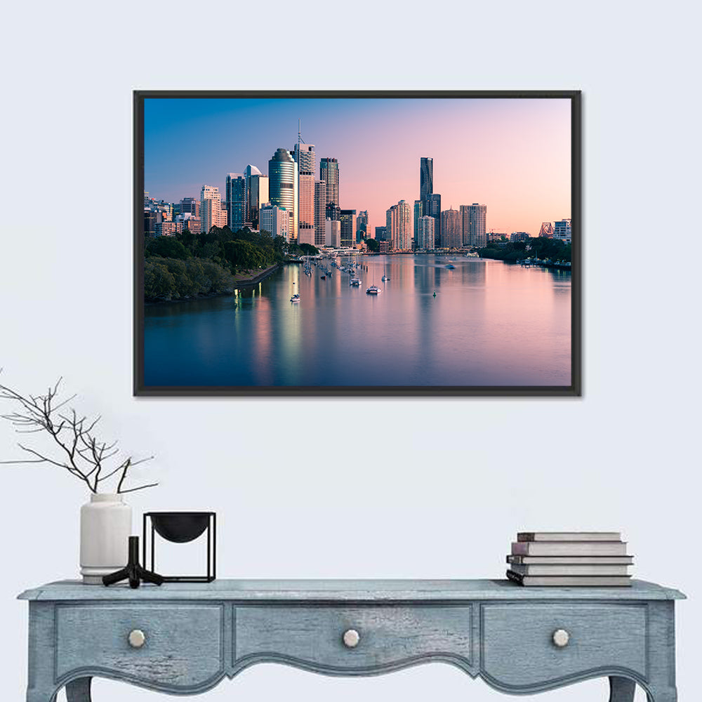 Brisbane River Skyline at Dusk Wall Art in a room, landscape