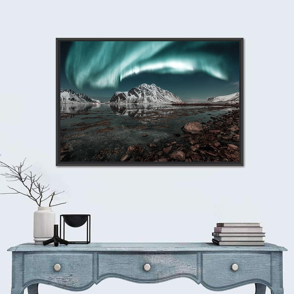 Lofoten Aurora Reflection Wall Art in a room, landscape