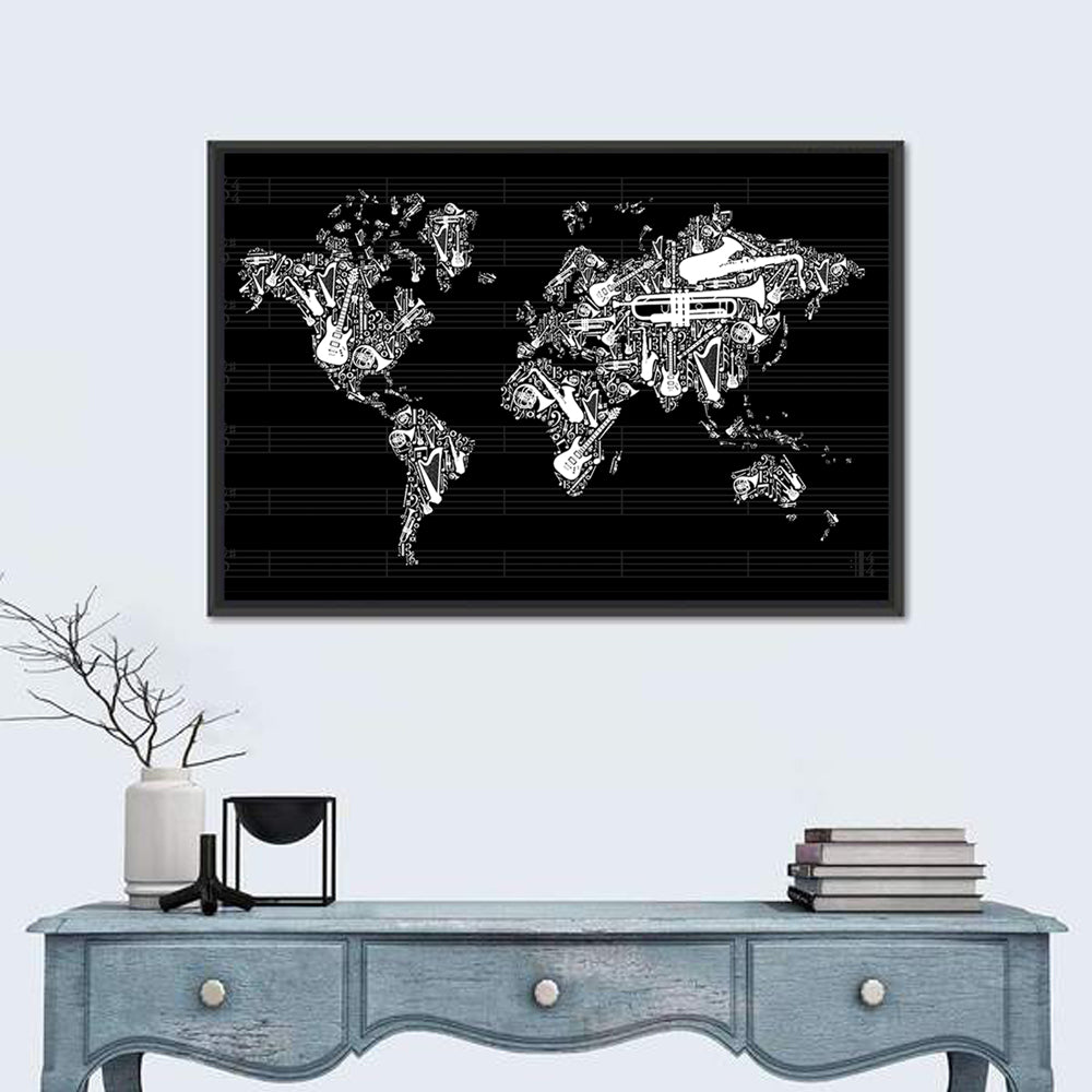 Instrument Silhouette World Map Wall Art in a room, landscape