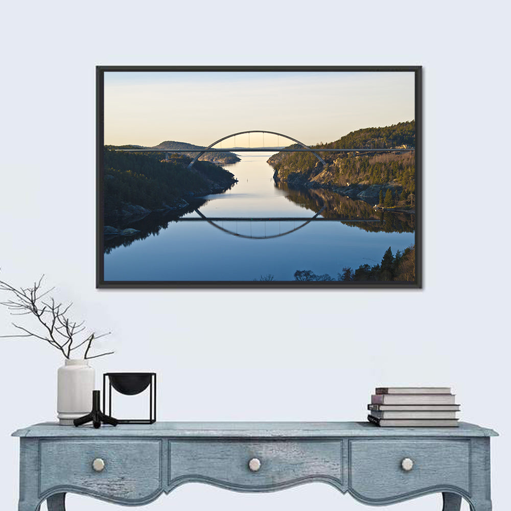 Svinesund Bridge at Golden Hour Wall Art in a room, landscape
