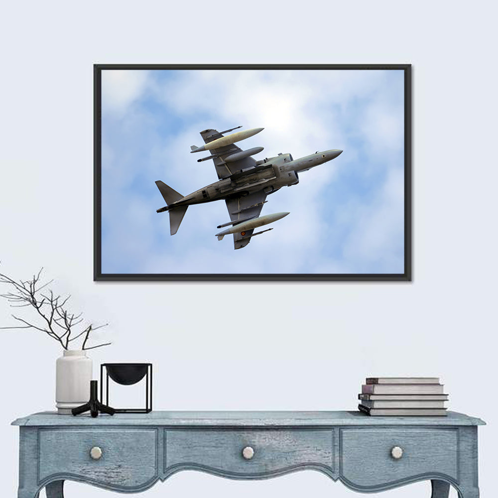 Low Angle Fighter Jet Overhead Wall Art in a room, landscape