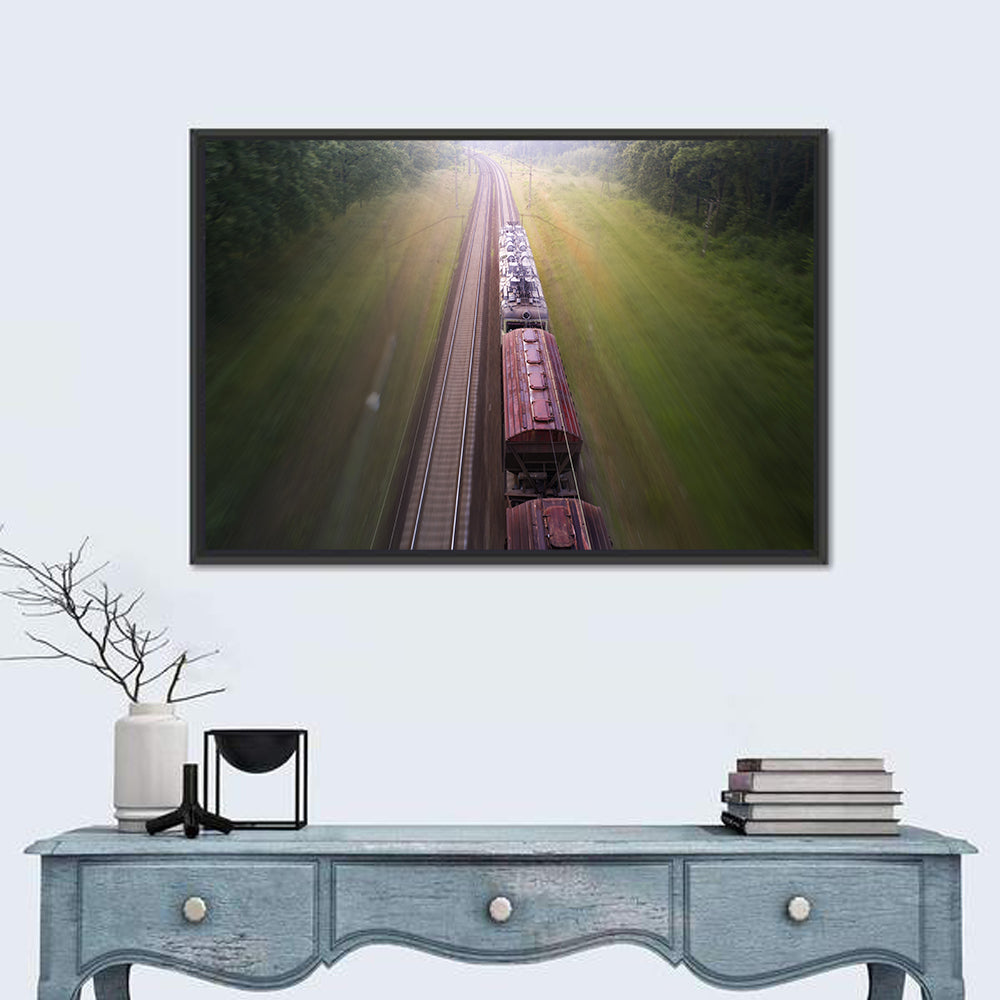 Freight Train Through Forest Wall Art in a room, landscape
