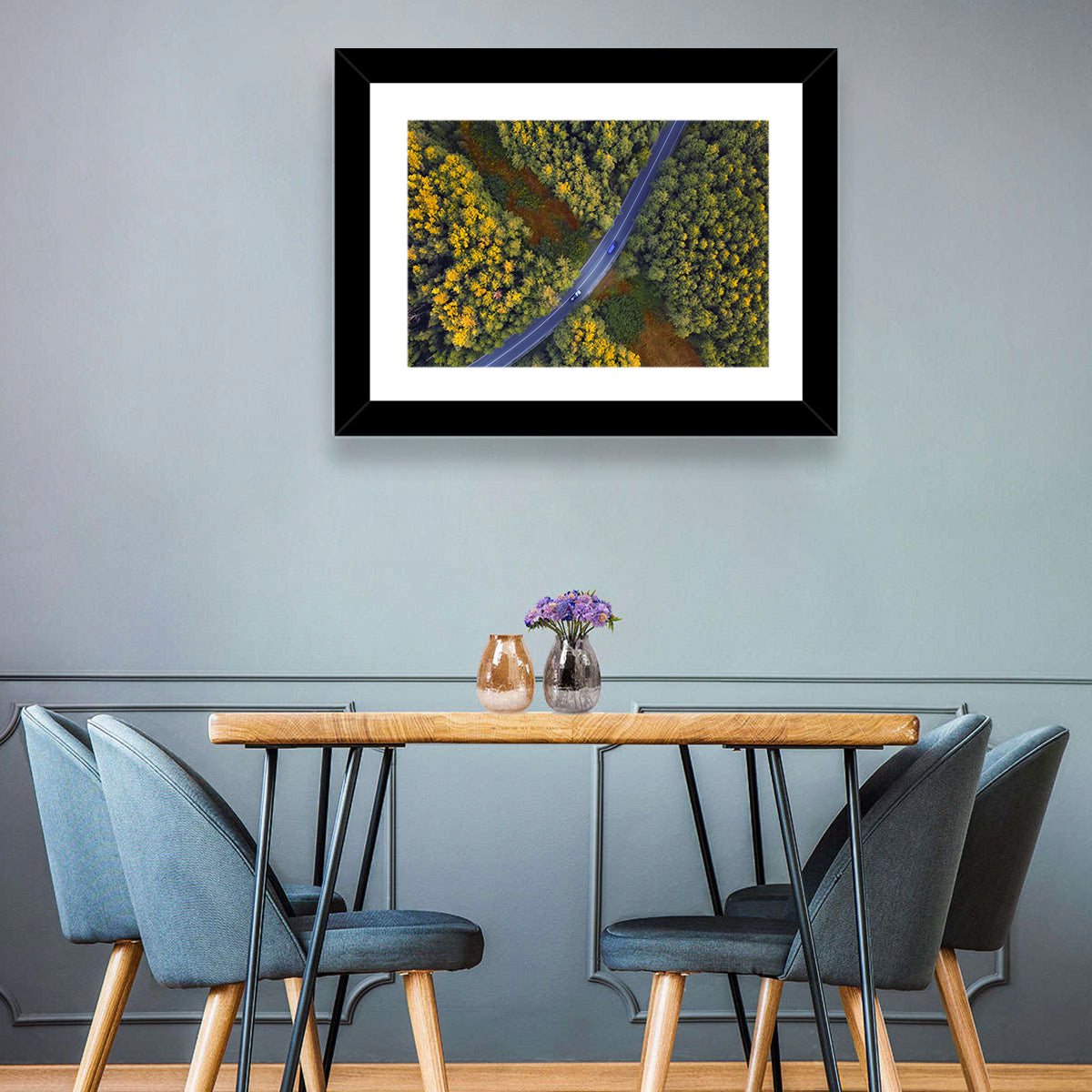 Aerial Autumn Forest Road Wall Art in a room, landscape