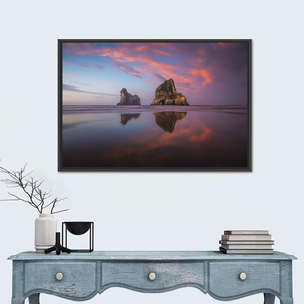 Wharariki Beach Sunrise Wall Art in a room, landscape