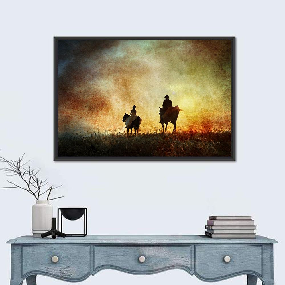 Silhouetted Horse Riders at Sunset Wall Art in a room, landscape