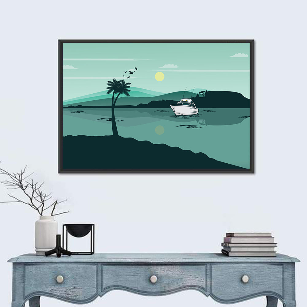 Teal Lake Boat with Palm Tree Wall Art