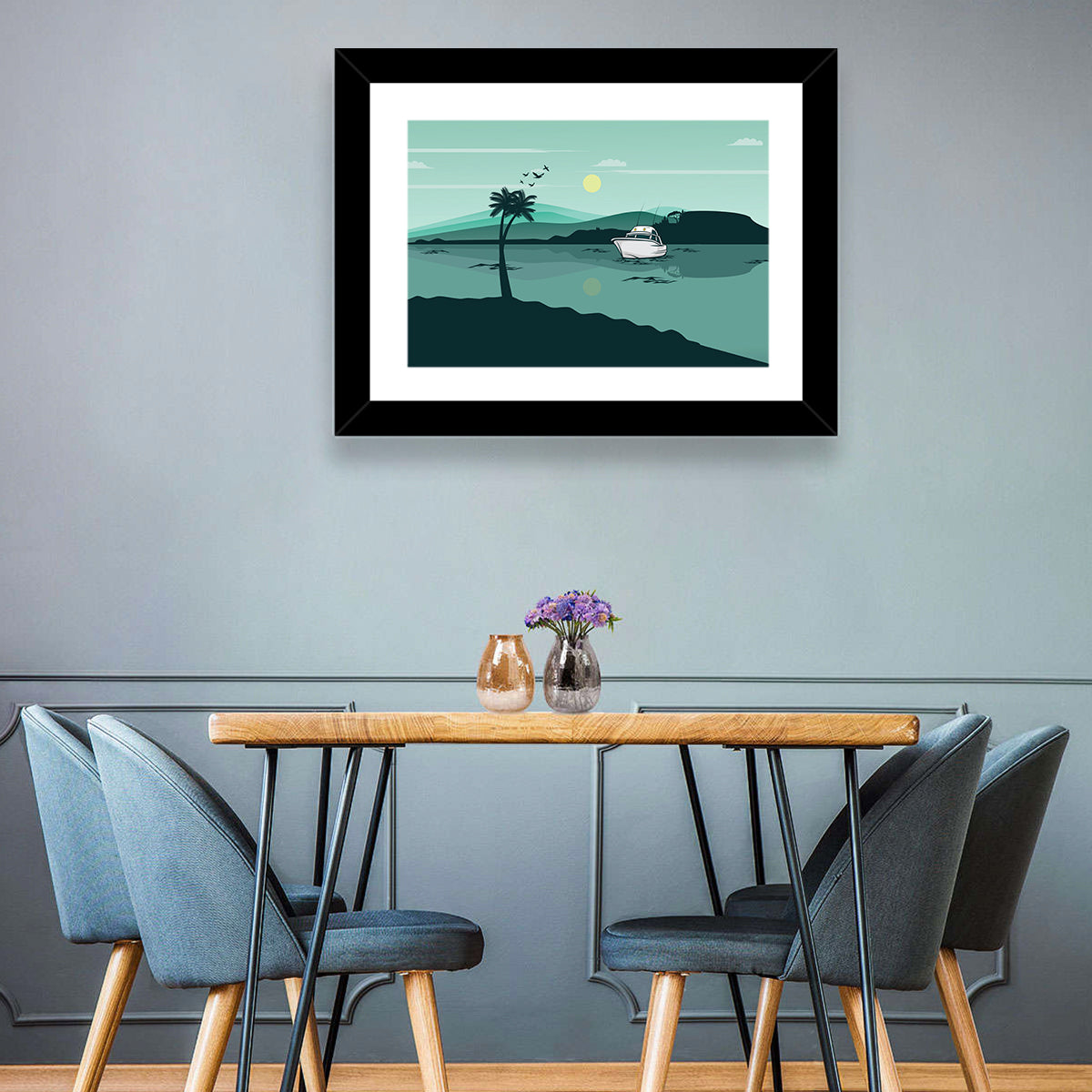 Teal Lake Boat with Palm Tree Wall Art