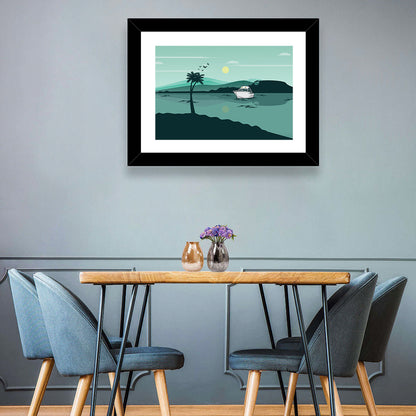 Teal Lake Boat with Palm Tree Wall Art