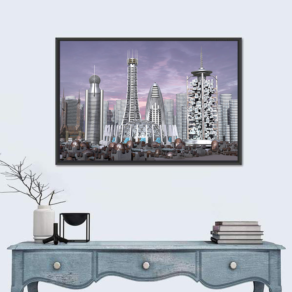 Purple Dusk Futuristic Cityscape Wall Art in a room, landscape