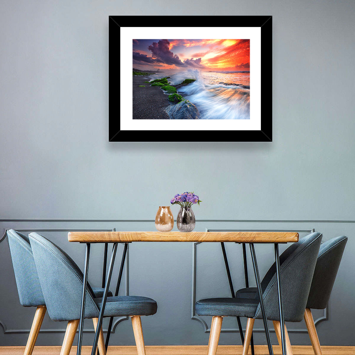 Ocean Waves Under Burning Sky Wall Art