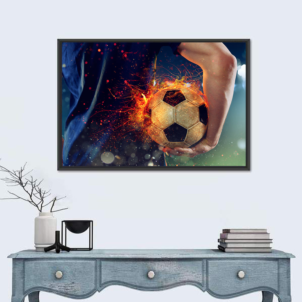Fiery Soccer Ball and Blue Jersey Player Wall Art in a room, landscape