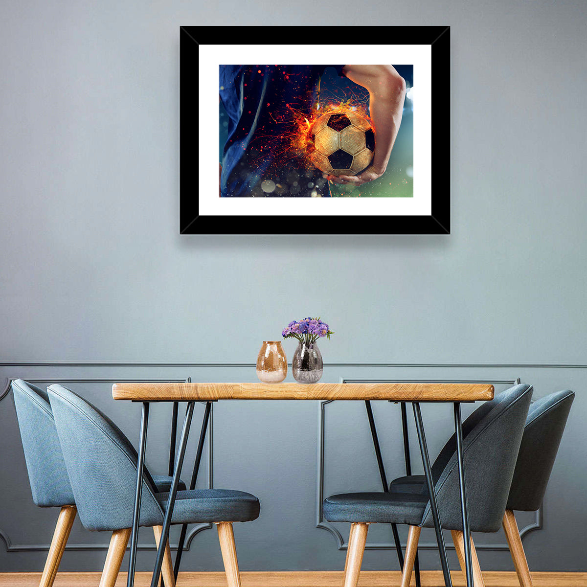 Fiery Soccer Ball and Blue Jersey Player Wall Art in a room, landscape