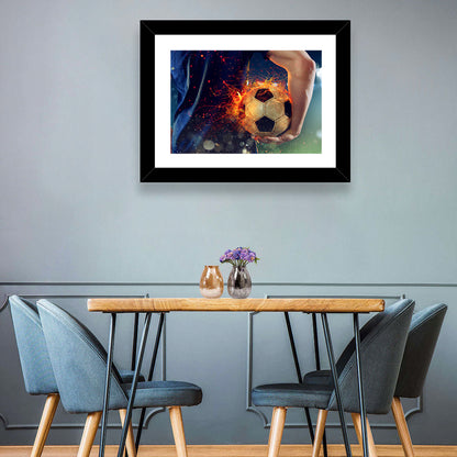 Fiery Soccer Ball and Blue Jersey Player Wall Art