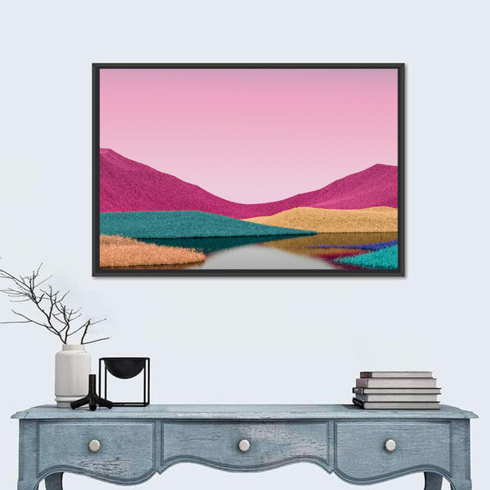 Surreal Magenta Mountain Lake Wall Art in a room, landscape