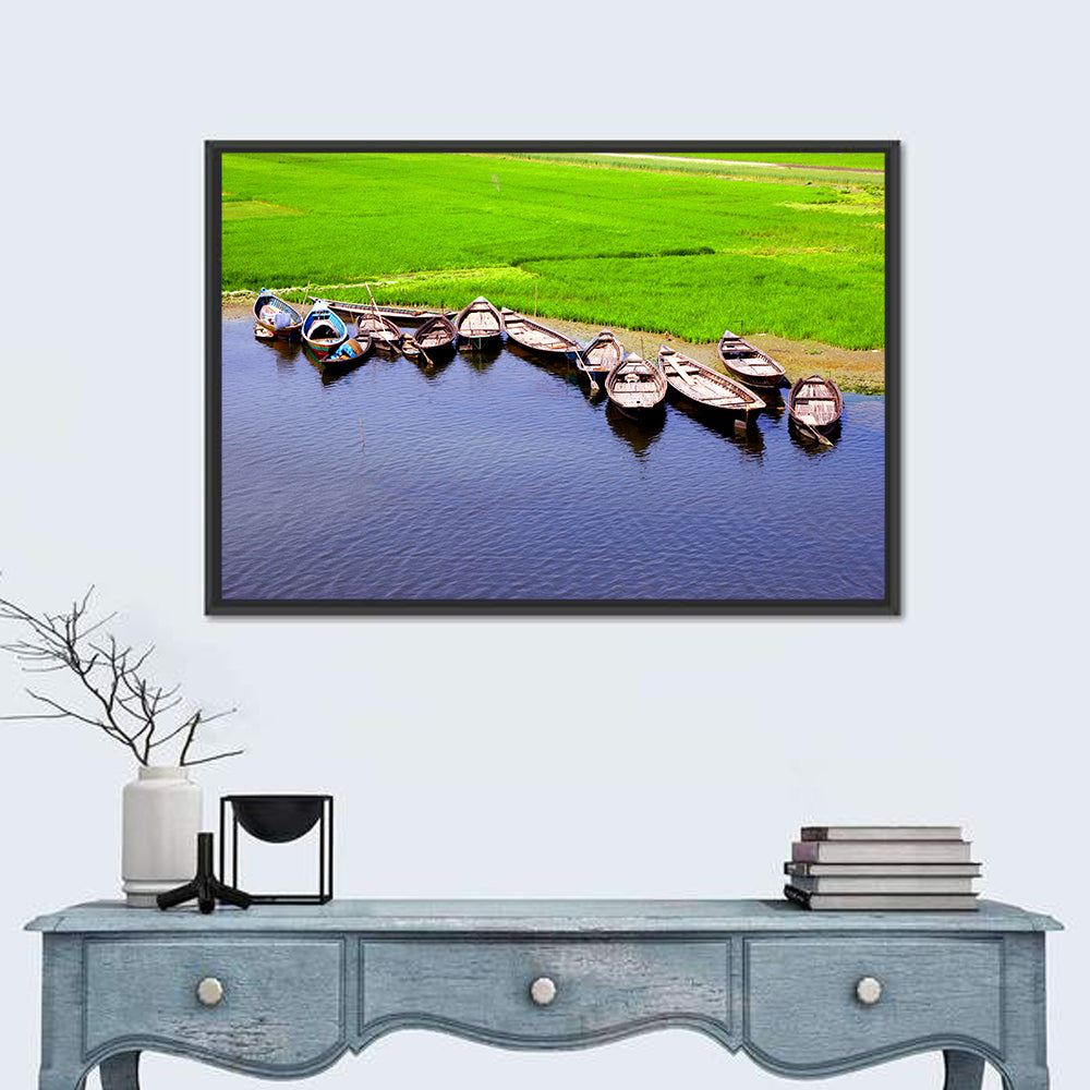 Boats at the Shoreline Wall Art in a room, landscape