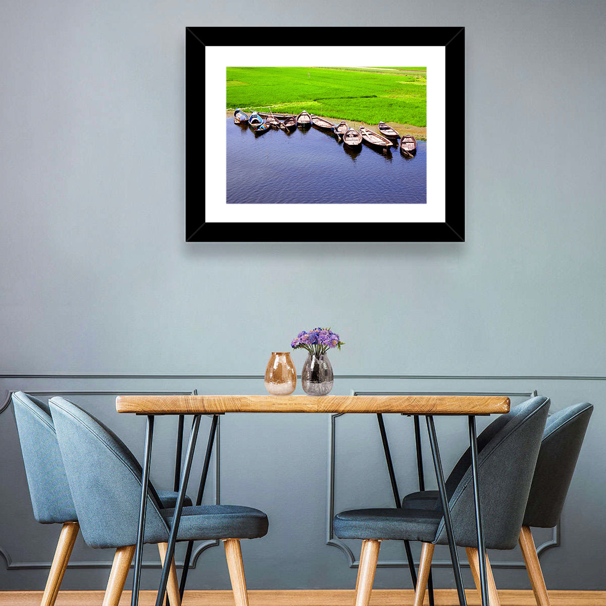 Boats at the Shoreline Wall Art in a room, landscape