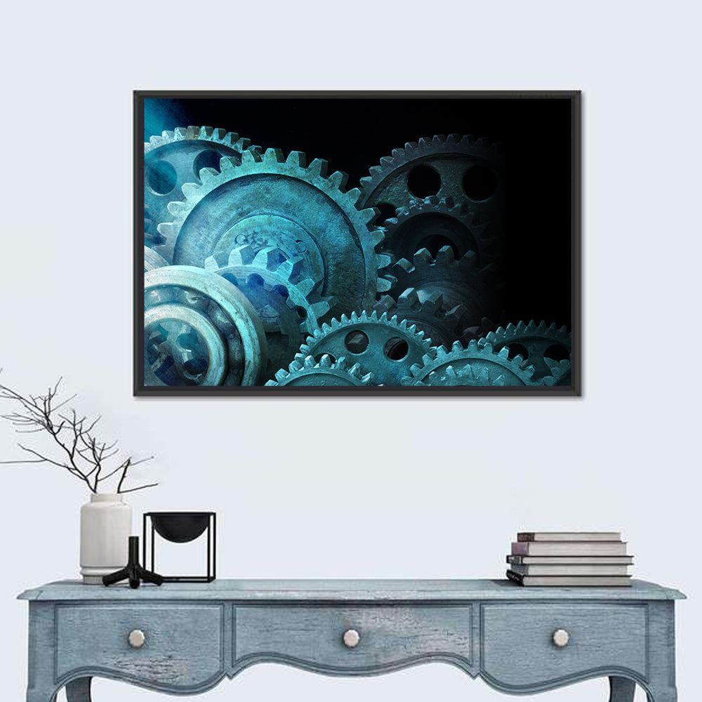 Teal and Steel Cogwheel Close-up Wall Art in a room, landscape